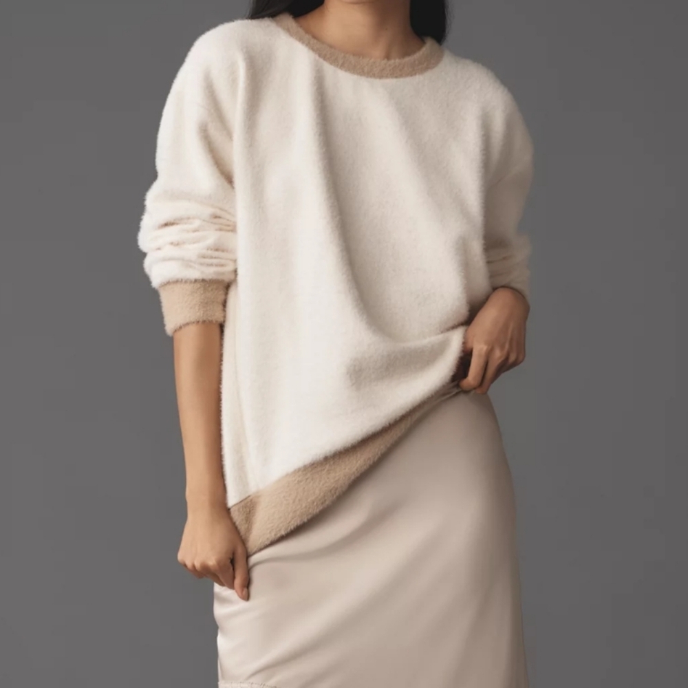 Anthropologie Maeve Cozy Ringer Sweatshirt Sweater‎ Fuzzy White Tan Size Medium